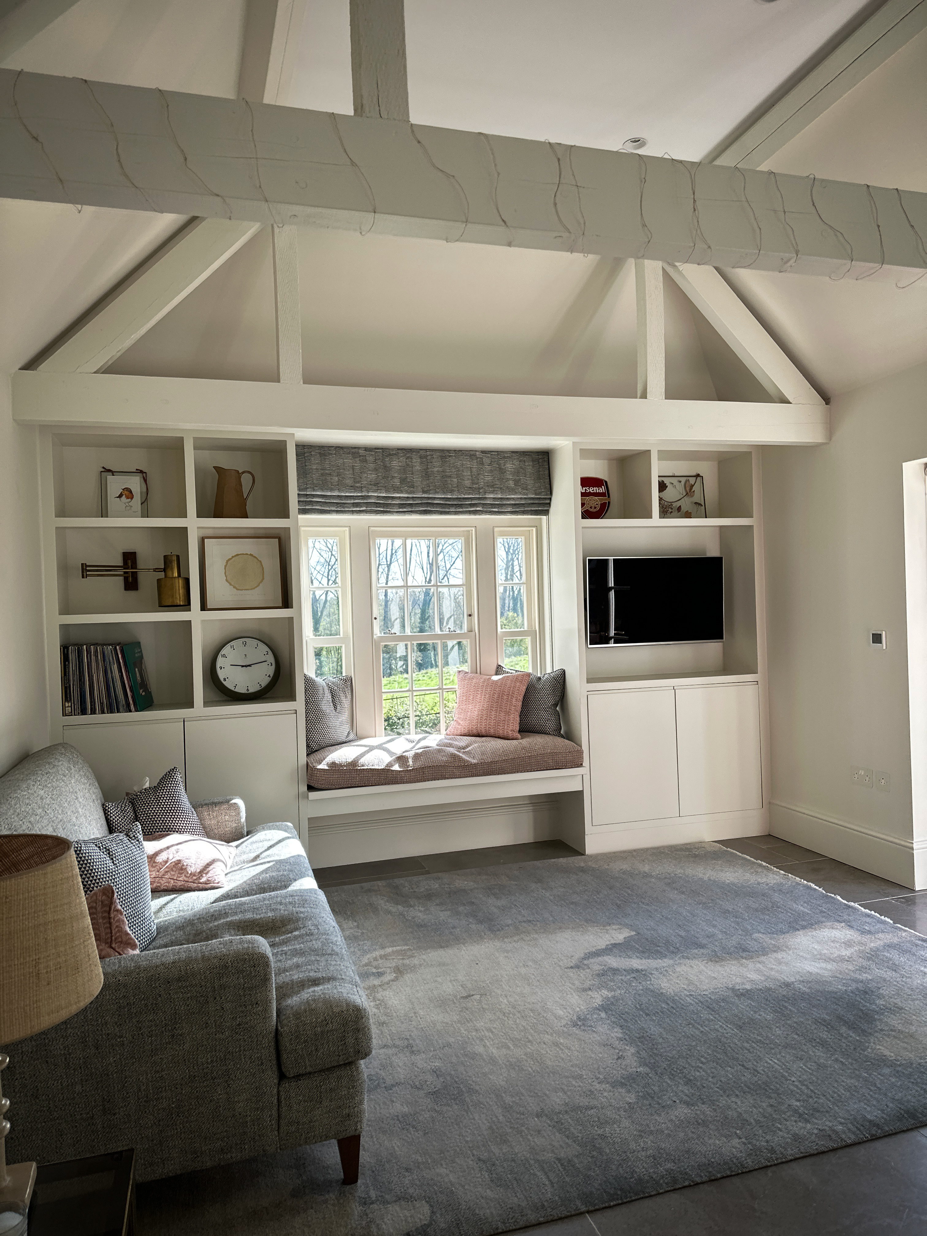 The sitting area of the kitchen in a newly renovated farmhouse. Modern interior design with new joinery.